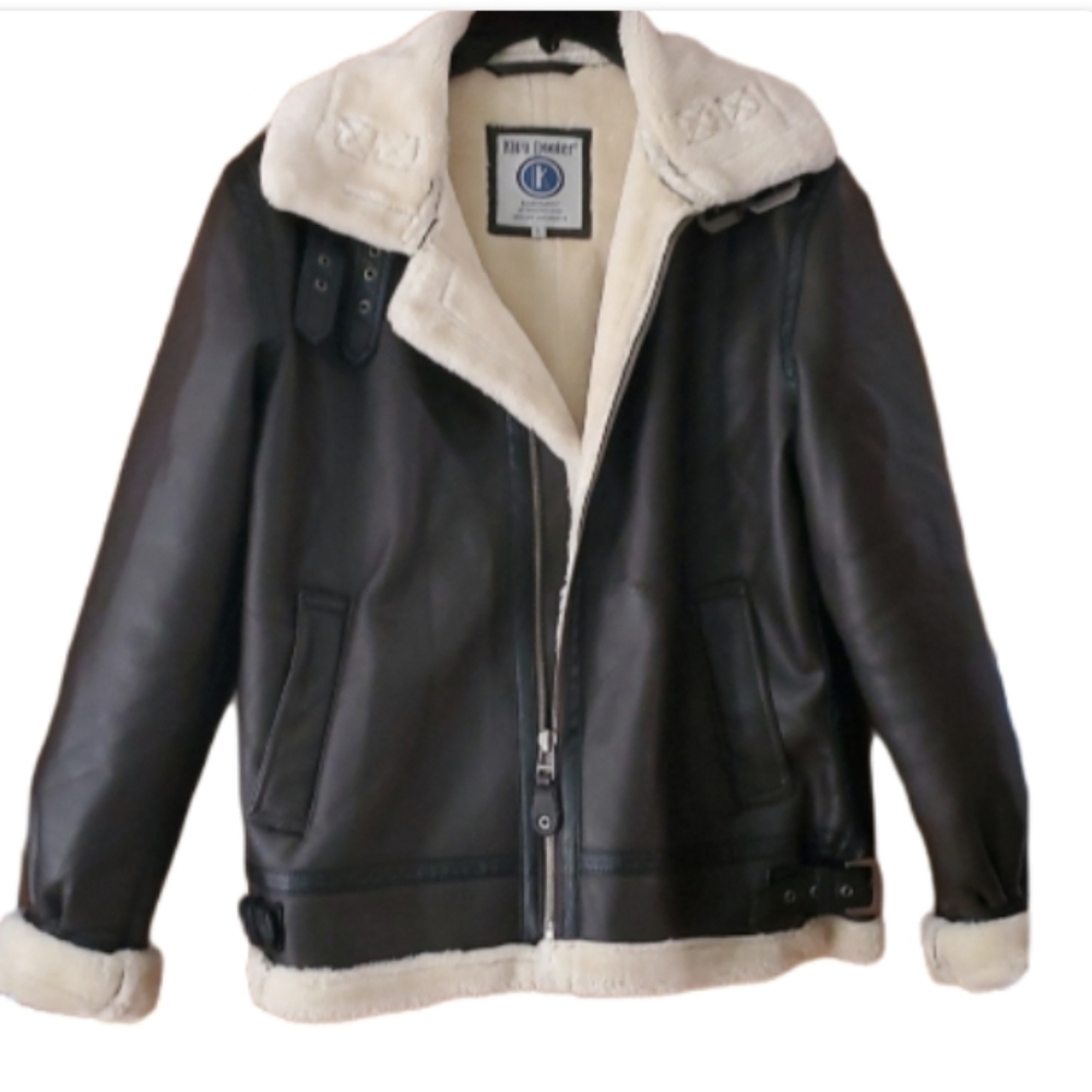 King Booker Aviator‎ Womans Brown Faux Leather Plush Coat Size Large